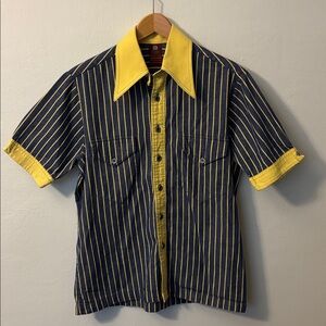 VTG Hornes Men’s Striped Short Sleeve Shirt Yellow Blue 15 Neck British
